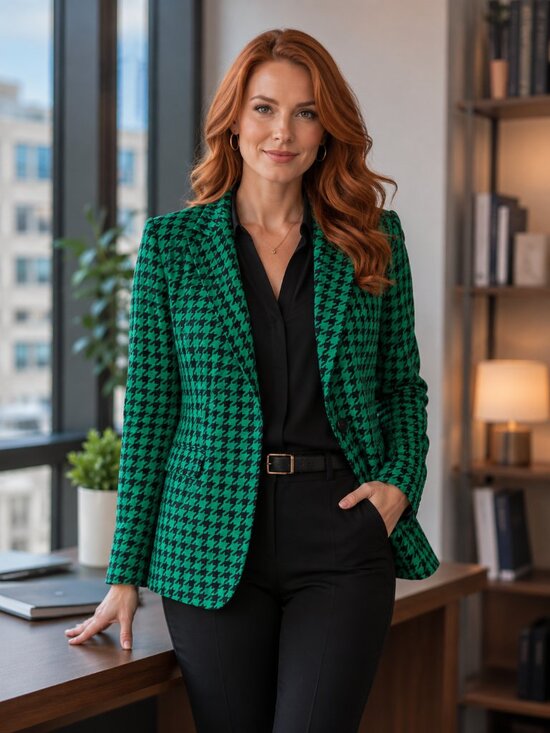 Jackets & Blazers - NWT Floerns Women's One Button Blazer Size L Houndstooth Green Black Business